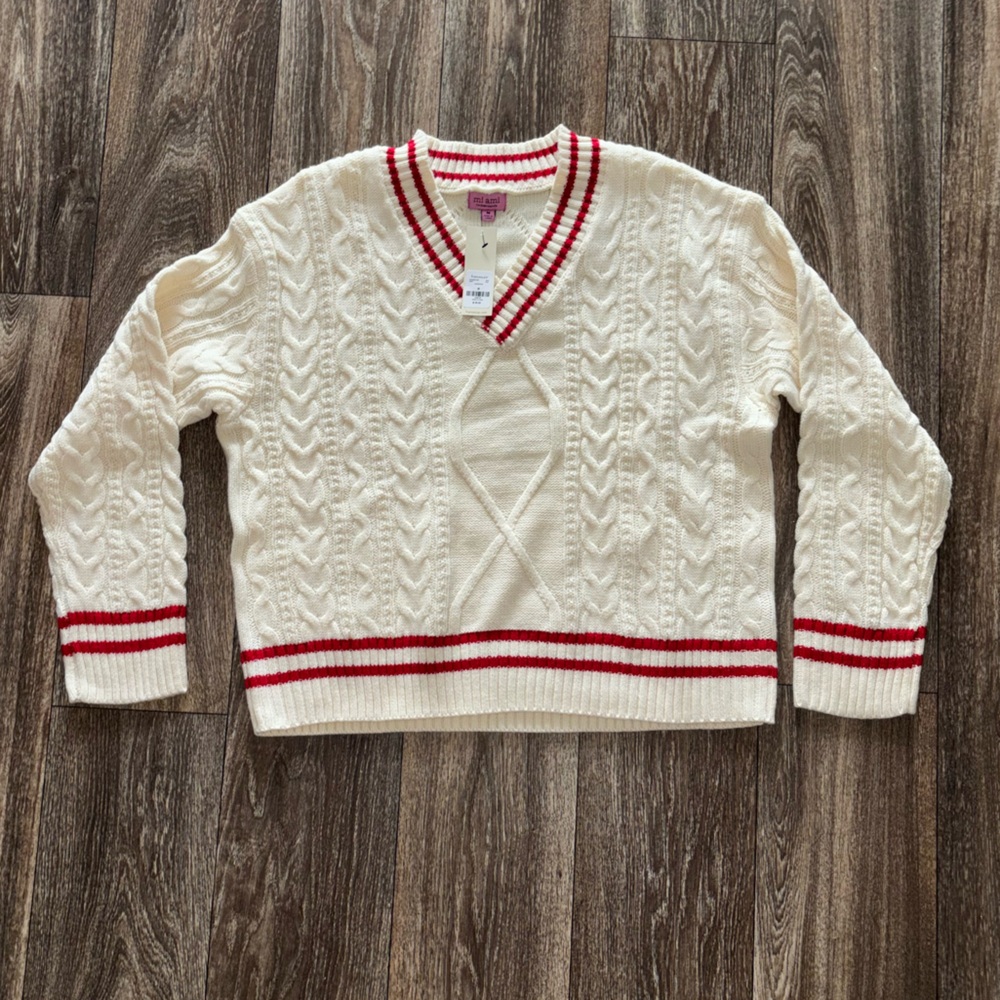Francesca's Collections Cream and Red Striped Detail Sweater